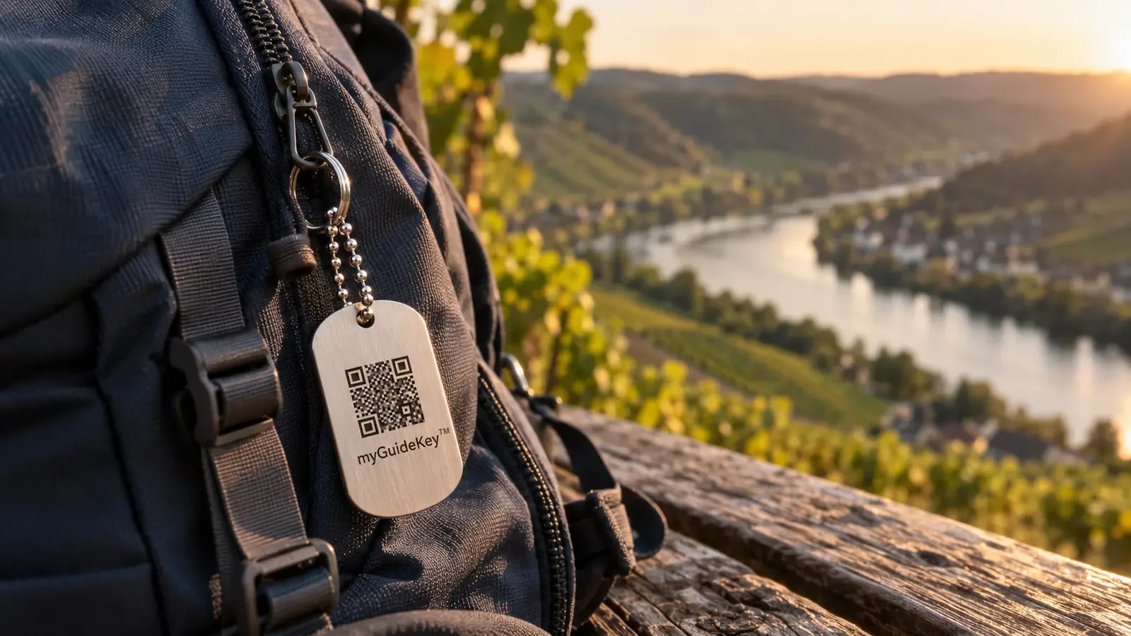 Ein MyGuideKey-Anhänger hängt an einem Rucksack, im Hintergrund die Mosel im Abendlicht
