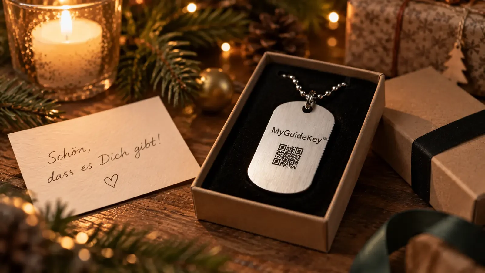 Ein Anhänger in einer Geschenkschachtel mit handgeschriebener Karte