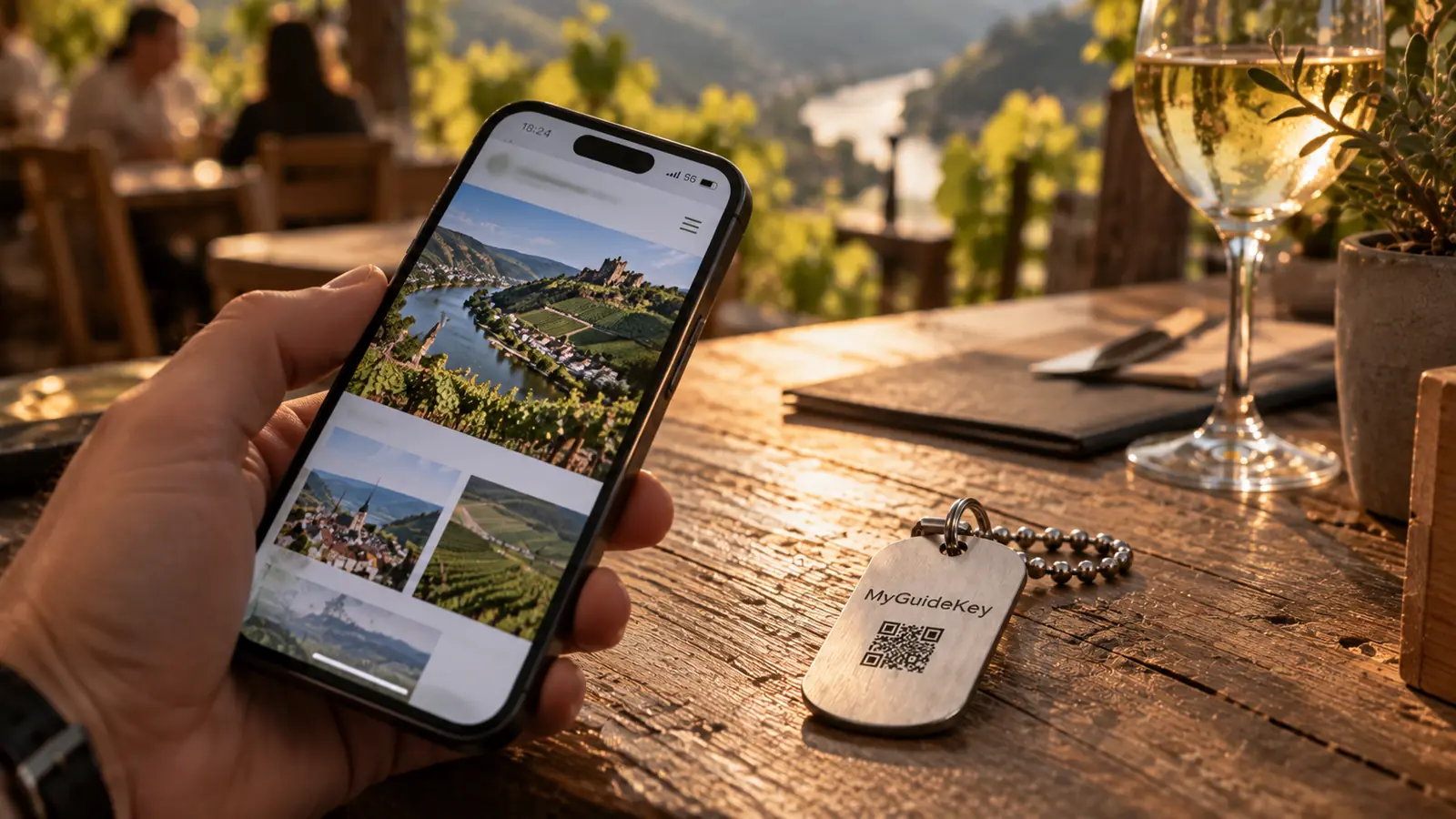 Ein Smartphone zeigt ein Gästeportal, daneben liegt der Anhänger auf dem Tisch
