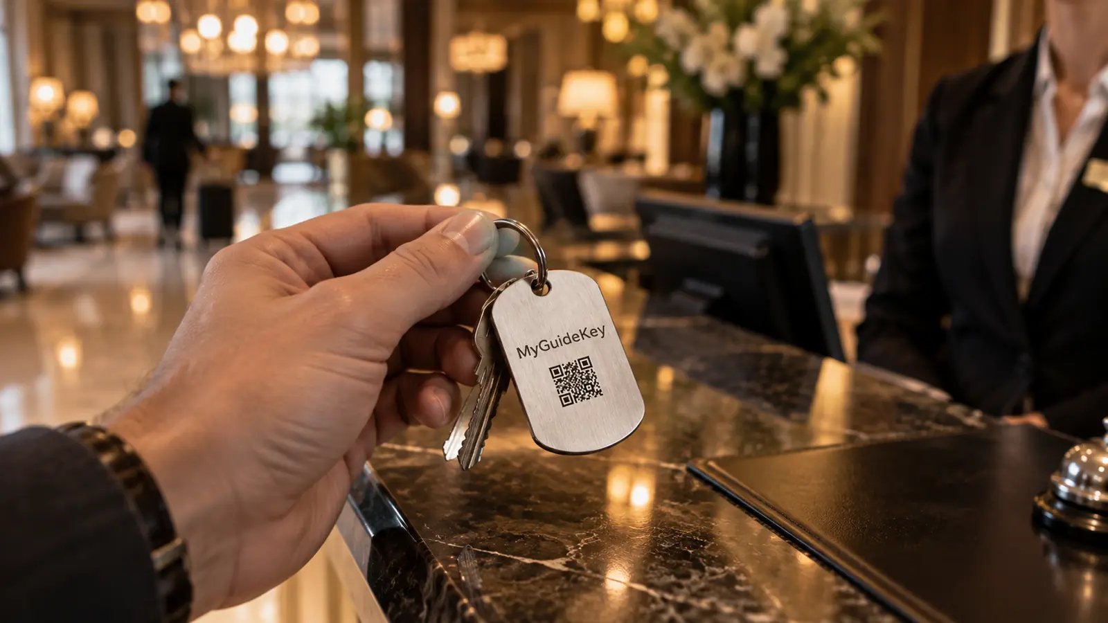 Eine Hand hält einen Zimmerschlüssel mit Anhänger an einer Hotelrezeption