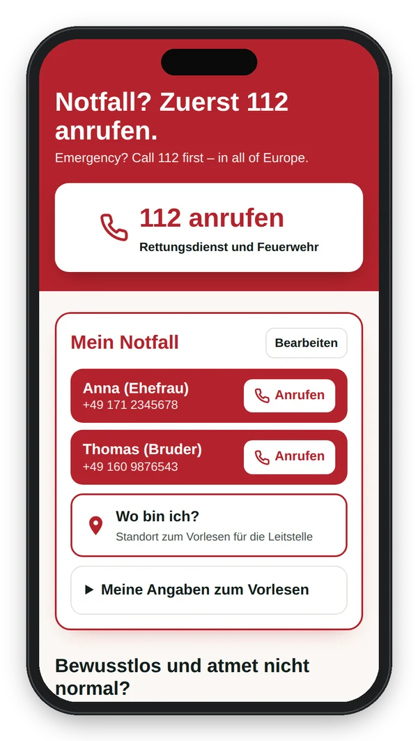 Handy mit der Erste-Hilfe-Seite und dem Bereich „Mein Notfall“