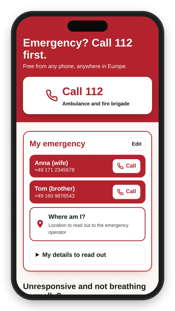 Phone showing the first-aid page with the “My emergency” section