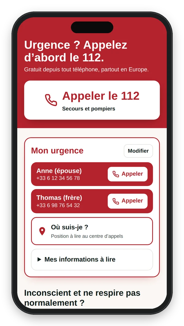 Téléphone affichant la page de premiers secours avec l’espace « Mon urgence »