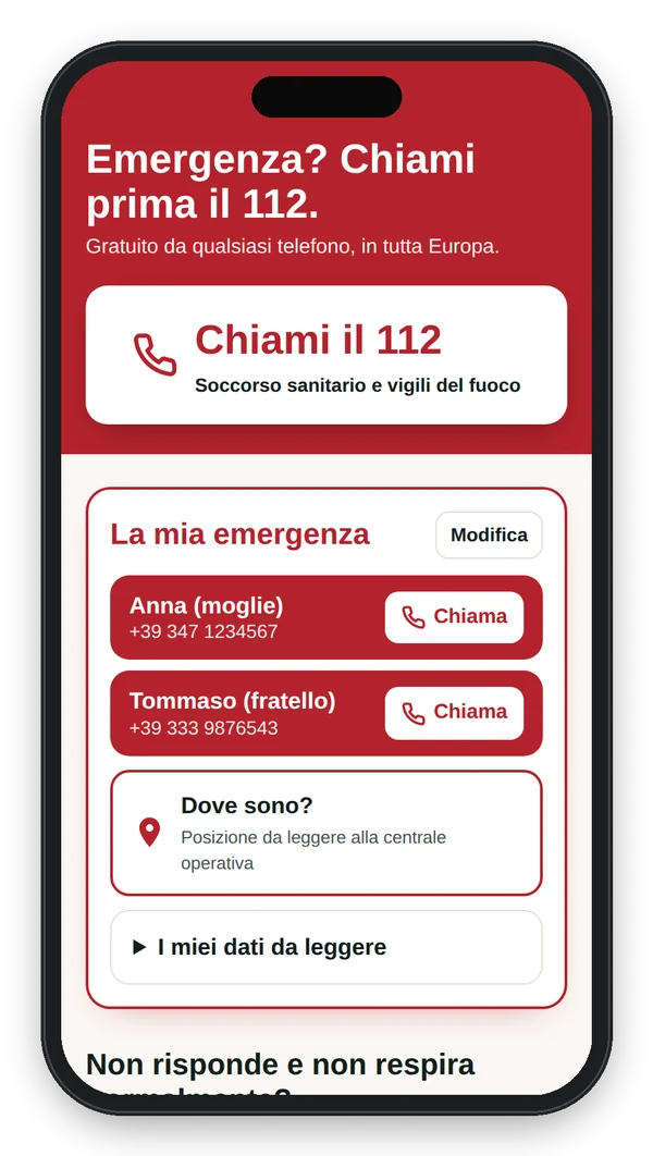 Telefono con la pagina di primo soccorso e la sezione «La mia emergenza»