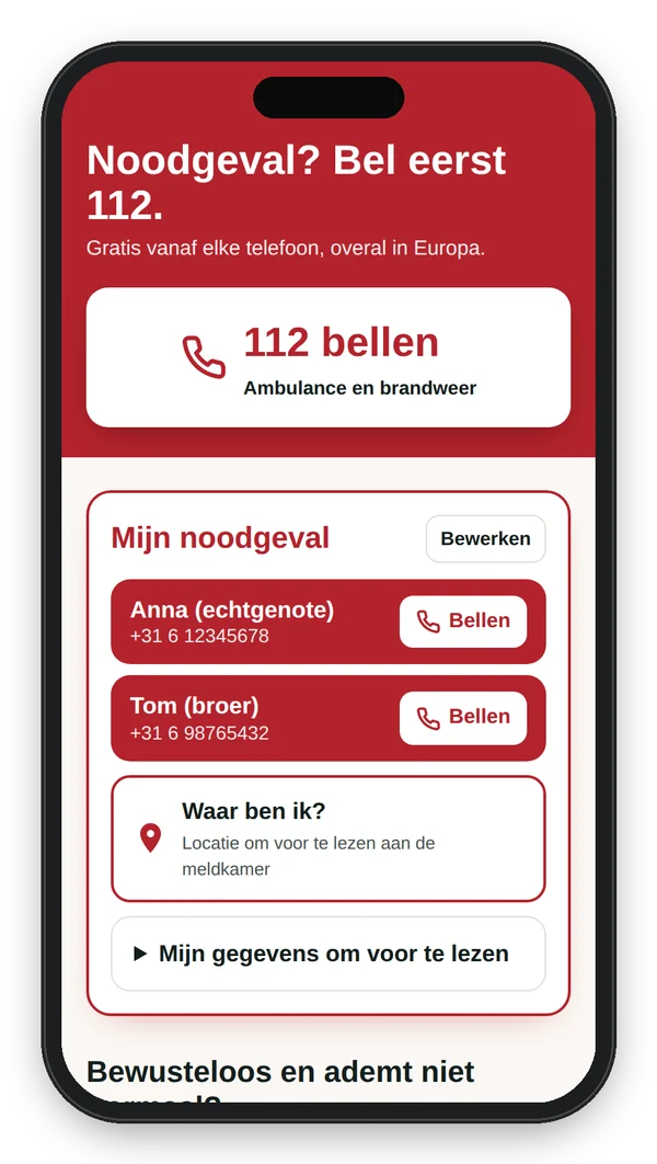 Telefoon met de EHBO-pagina en het gedeelte ‘Mijn noodgeval’