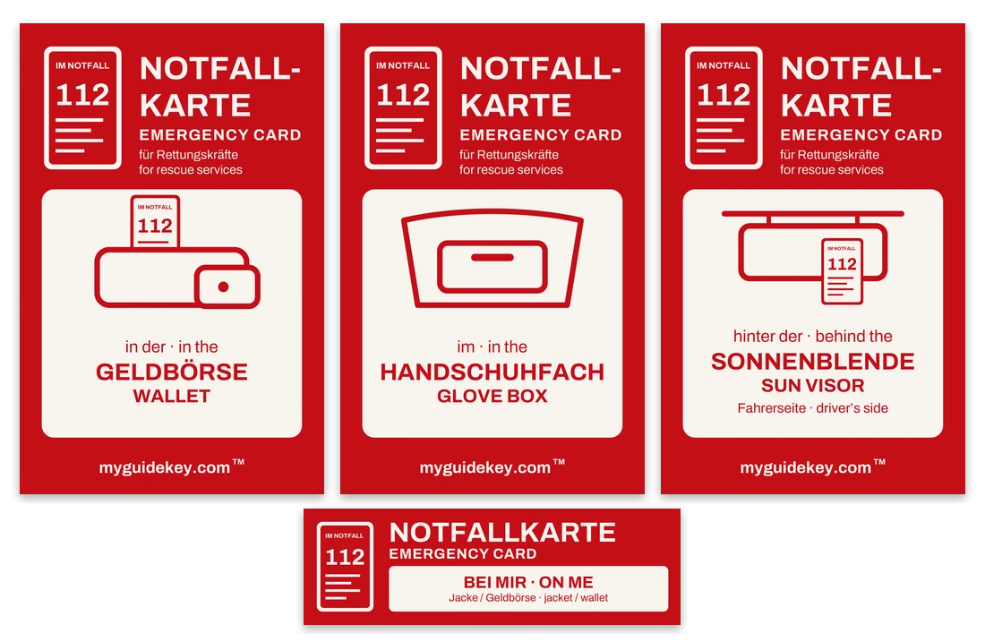 Drei Auto-Aufkleber (Geldbörse, Handschuhfach, Sonnenblende) und ein Helmaufkleber im Design der Notfallkarte