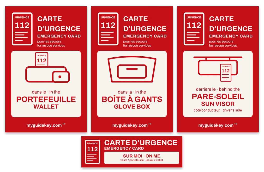 Trois autocollants auto (portefeuille, boîte à gants, pare-soleil) et un autocollant casque au design de la carte d’urgence