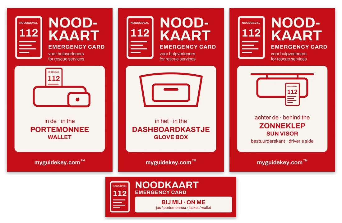 Drie autostickers (portemonnee, handschoenenkastje, zonneklep) en een helmsticker in het ontwerp van de noodkaart